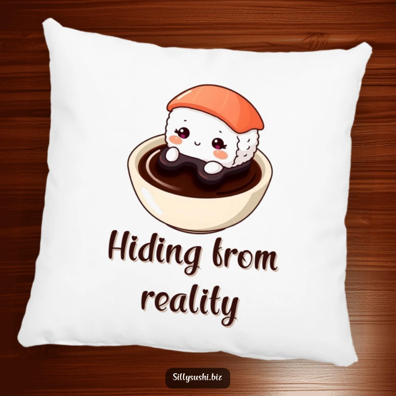 Funny Shy Sushi Pillow featuring a timid sushi character peeking out adorably from a soy sauce dish. Soft and huggable.