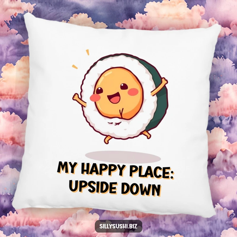 Funny sushi piece doing a cartwheel on a plush pillow, offering comfort and a dose of delightful foodie humor. Perfect gift.