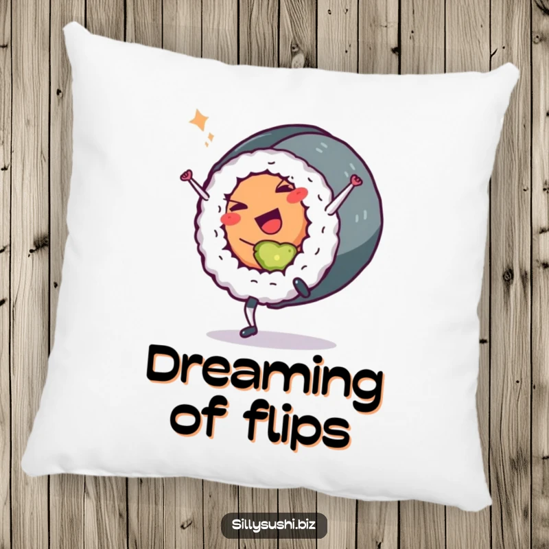 Funny Sushi Roll Pillow: A plush pillow featuring a sushi roll character doing a cartwheel and winking. Cozy and humorous, a funny gift.