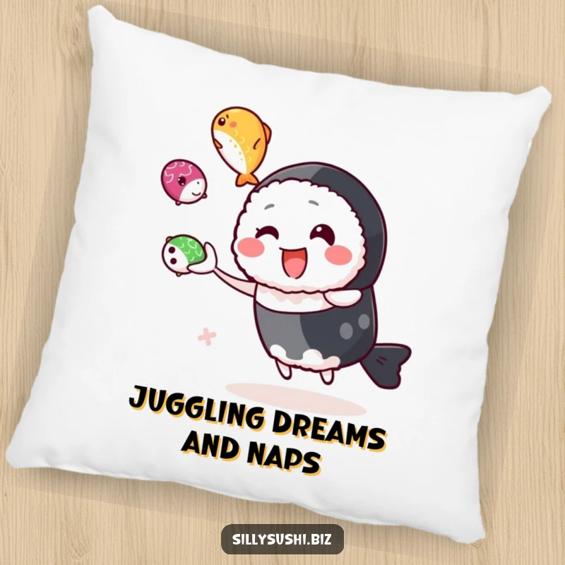 Funny sushi character juggling colorful roe on a soft pillow, offering comfort and playful visual interest. Perfect gift.