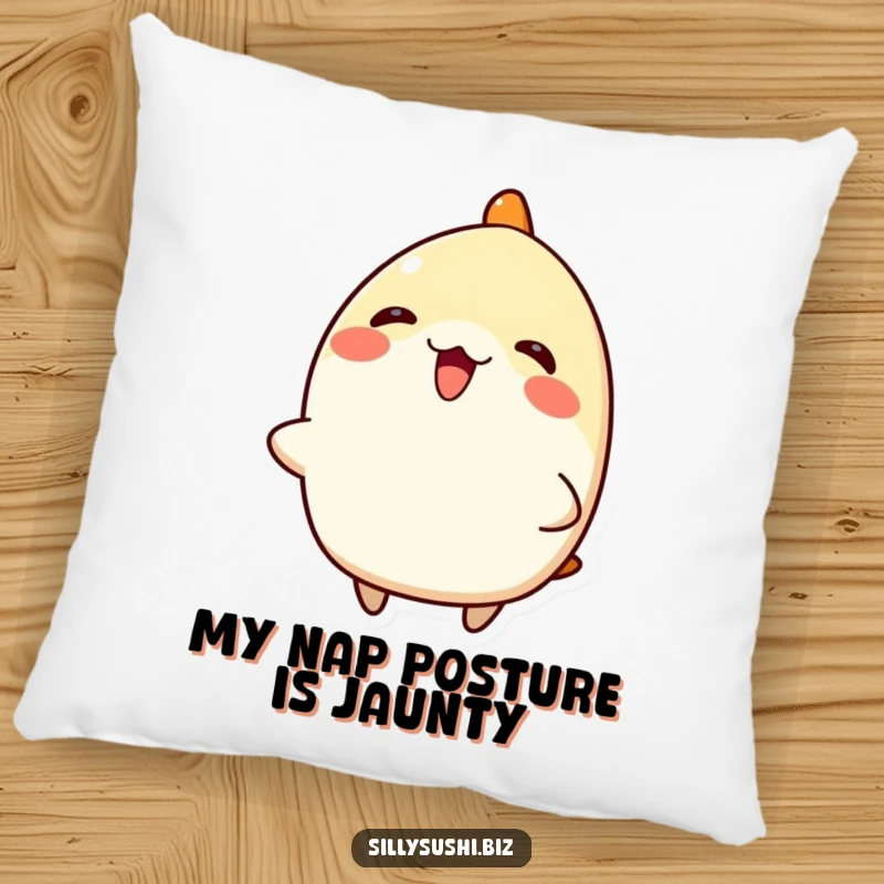 Funny Nigiri Sushi Pillow: A soft, plush pillow featuring a cheerful, tilted nigiri sushi character, perfect for adding humor and comfort. Funny gift.