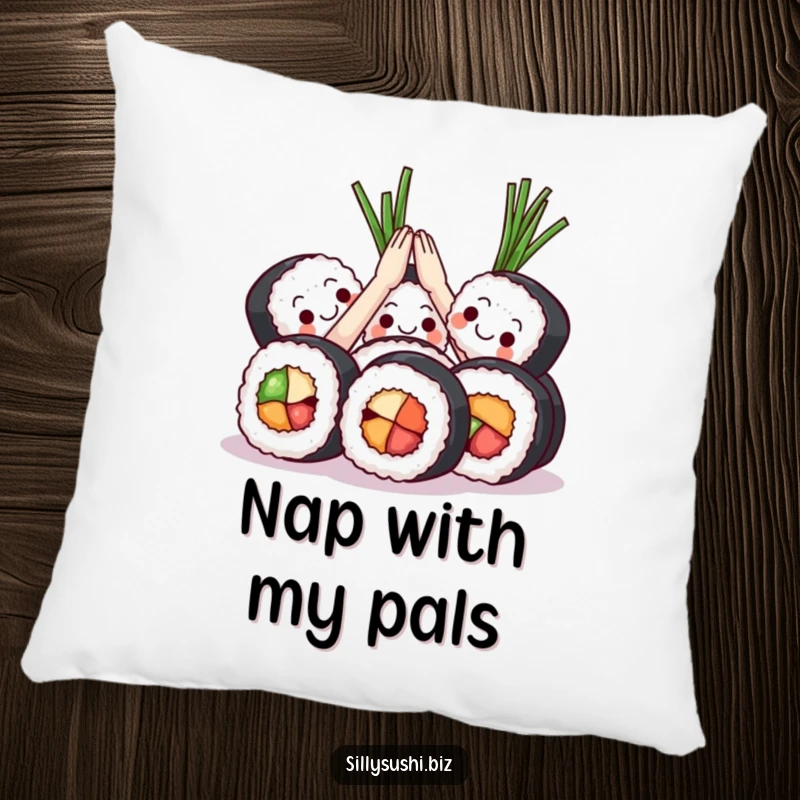 Funny Sushi High Five Pillow featuring sushi rolls giving a celebratory high five with seaweed. Soft, decorative, and humorous.