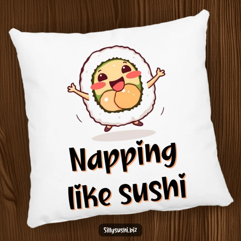 Funny smiling sushi roll character doing a tiny energetic dance, on a soft and decorative pillow.