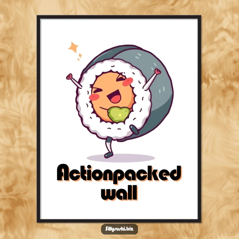 Funny Sushi Roll Digital Art: A downloadable print of a sushi roll character cartwheeling with a wink. Adds humor and vibrancy. Funny gift.