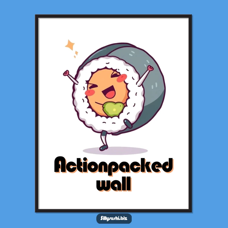 Funny Sushi Roll Digital Art: Cartwheeling Character Print for Joyful Decor