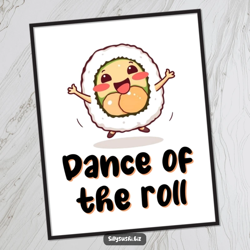 Funny smiling sushi roll character doing a tiny energetic dance, as a high-resolution digital art print.