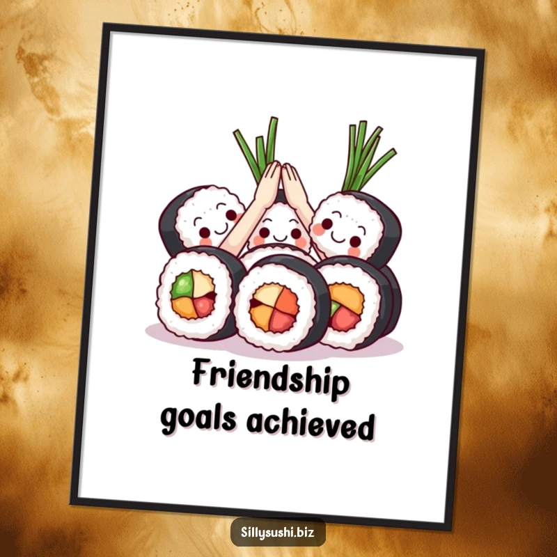 Funny Sushi High Five Digital Art Print of sushi rolls celebrating with seaweed and high fives. Instant downloadable joy.