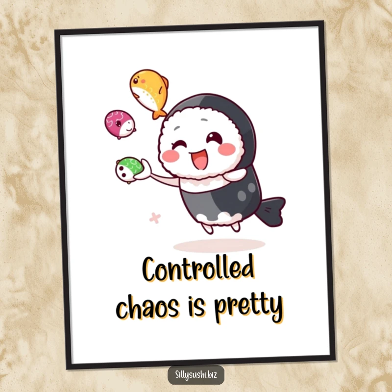 Funny sushi character juggling bright roe balls in a digital art print, full of life. Excellent funny gift.