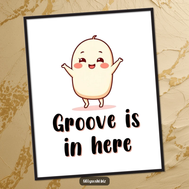 Funny Nigiri Dance Digital Art Print of a smiling sushi character performing an energetic, silly dance. Instant downloadable humor for walls.