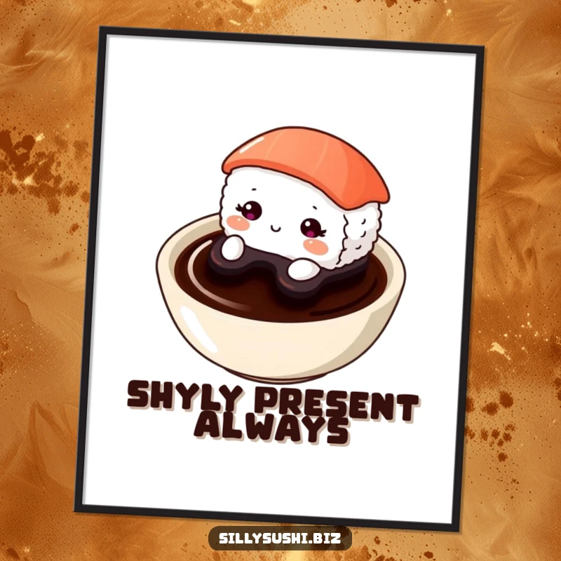 Funny Shy Sushi Digital Art Print of a cute sushi character shyly peeking from a soy sauce dish. Instant downloadable cuteness.