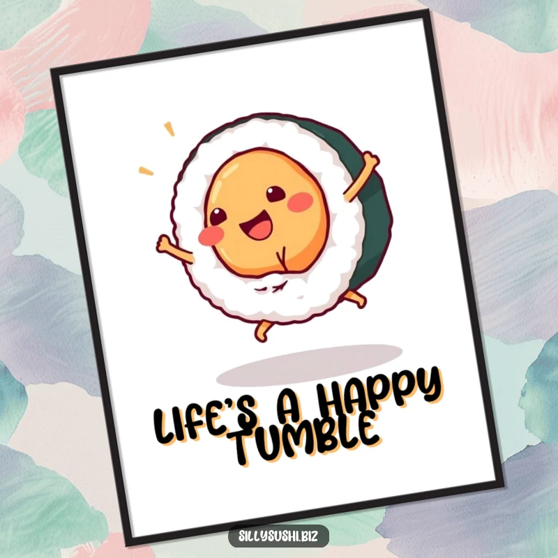 Funny sushi piece doing a cartwheel in a digital art print, vibrant and full of energy. Excellent funny gift.