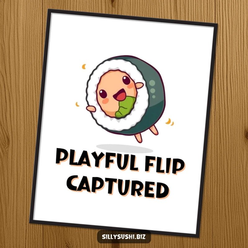 Funny Digital Art Print of a happy sushi roll doing a playful somersault, bringing instant delicious energy and humor.