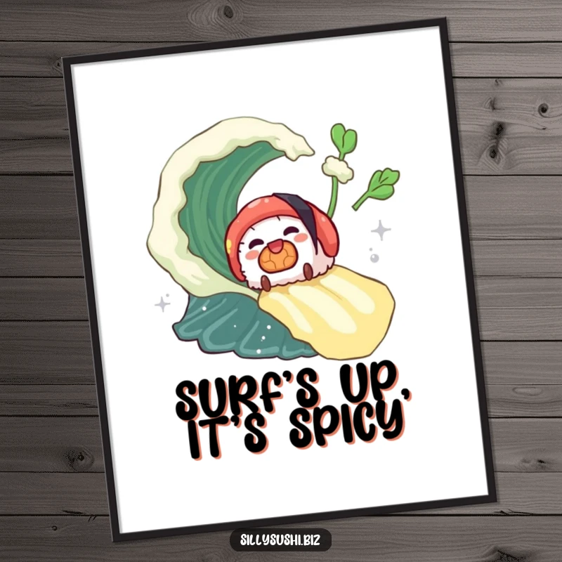 Funny sushi piece joyfully sliding down a wasabi wave in a digital art print, full of action. Excellent funny gift.