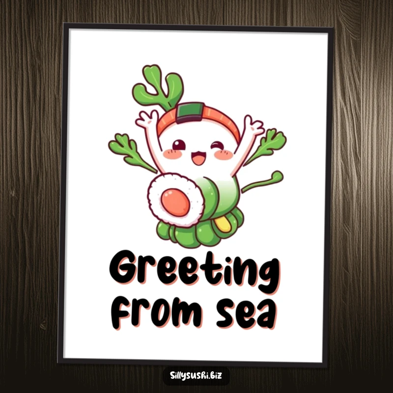 Funny Seaweed Sushi Digital Art: A downloadable print of a happy seaweed sushi character waving. Perfect for humorous decor. Funny gift.