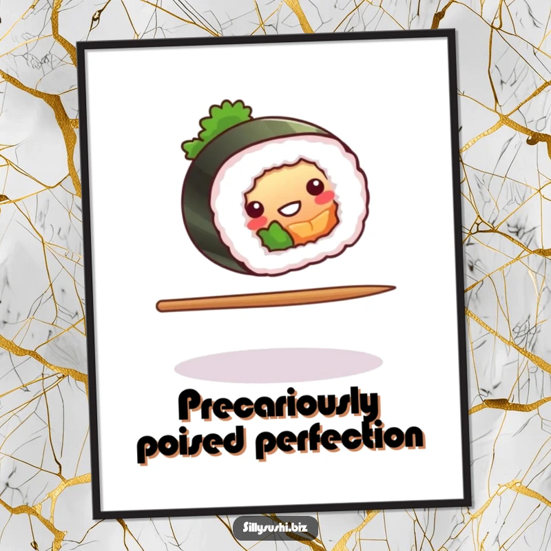 Funny sushi roll performing a comical balance on a chopstick in a digital art print. Excellent funny gift.