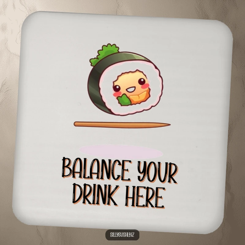 Funny sushi roll balancing on a chopstick on drink coasters, adding humor and protection. Ideal funny gift.