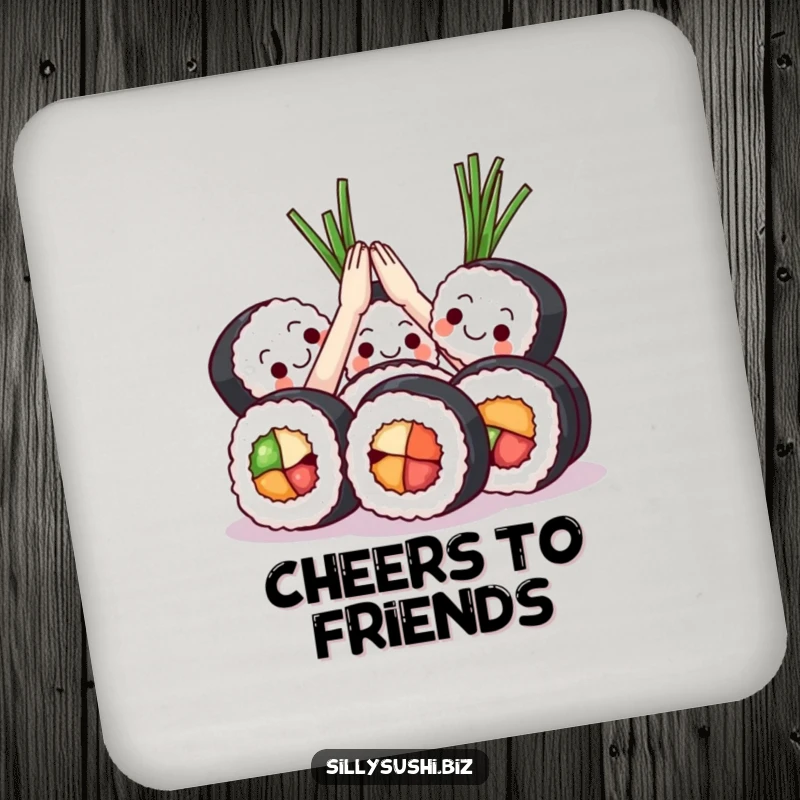 Funny Sushi High Five Coaster Set featuring sushi rolls high-fiving with seaweed. Protects surfaces with humor and celebration.