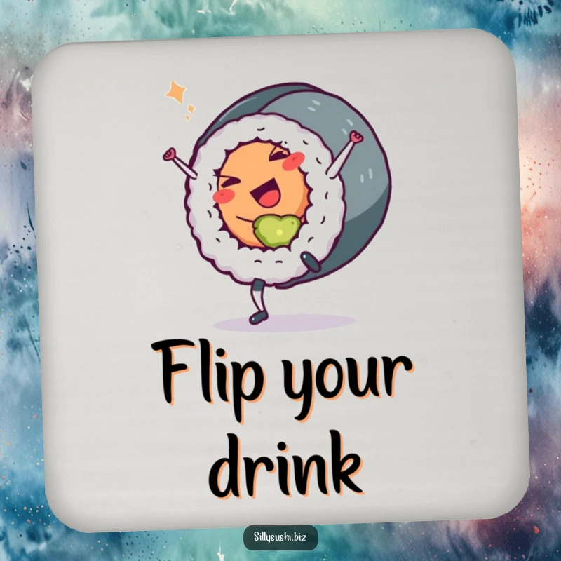 Funny Sushi Roll Coasters: A set featuring a sushi roll character cartwheeling with a wink. Protects tables with humor. A funny gift.