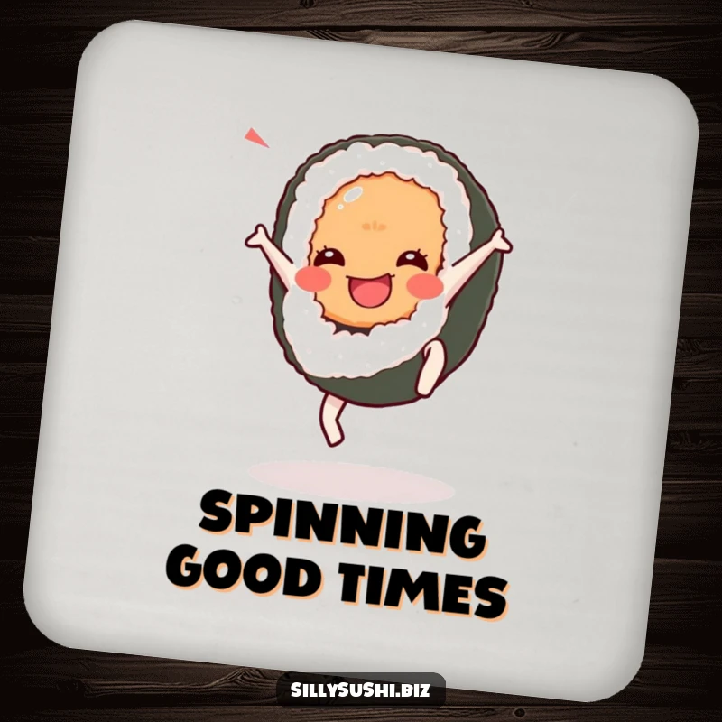 Funny Cartwheel Sushi Coaster Set featuring sushi characters performing cartwheels. Protects surfaces with energetic humor.