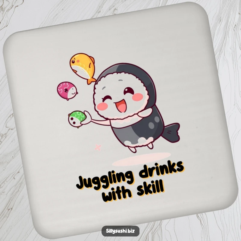 Funny sushi character juggling colorful roe on drink coasters, adding playful charm to tabletops. Ideal funny gift.