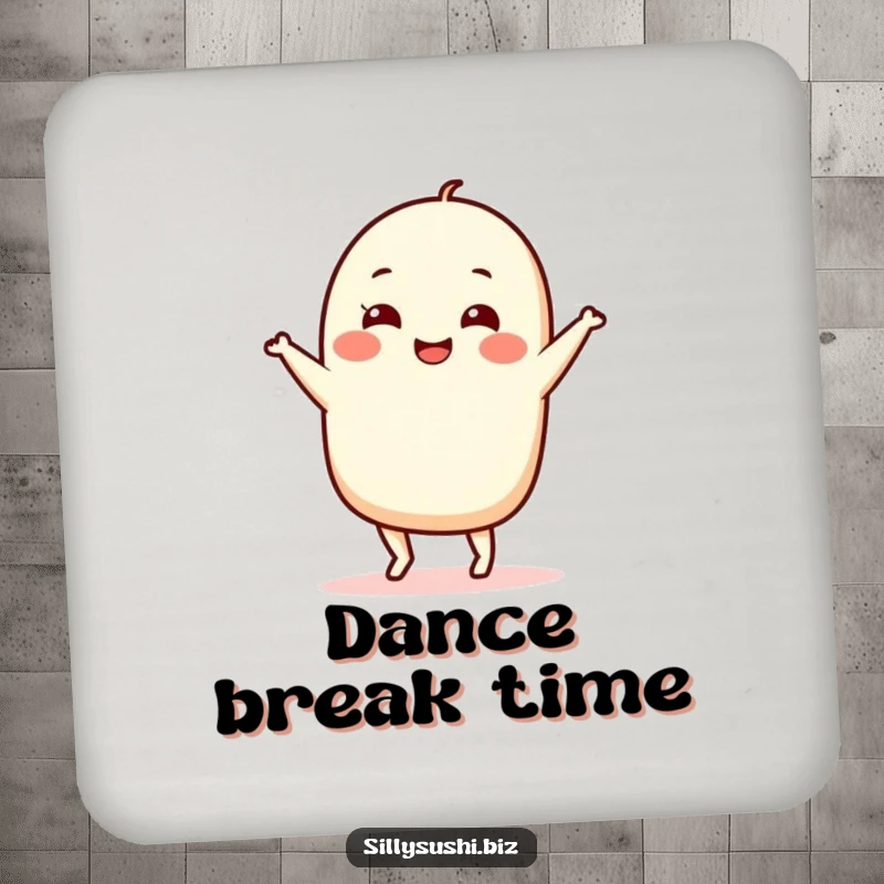 Funny Nigiri Dance Coaster Set showcasing charming sushi characters in various silly dance poses. Protects surfaces with humor.