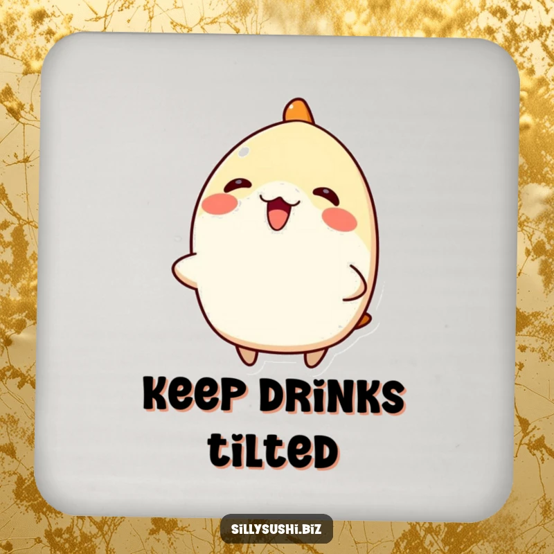 Funny Nigiri Sushi Coasters: A set of coasters featuring a happy, tilted nigiri sushi character, protecting tables with humor. Funny gift.