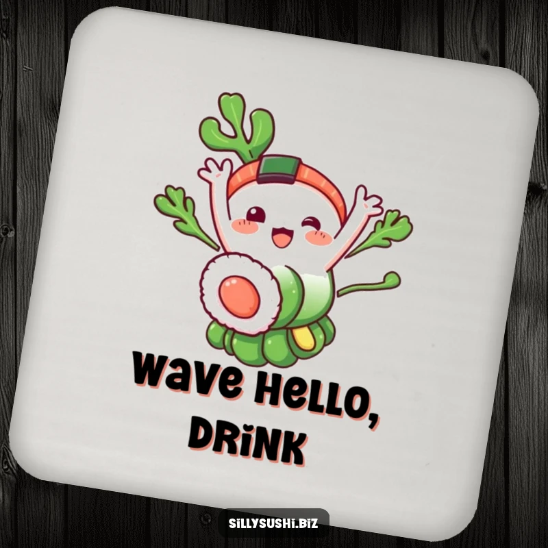 Funny Seaweed Sushi Coasters: A set featuring a happy seaweed sushi character waving. Protects tables with humor. A funny gift.