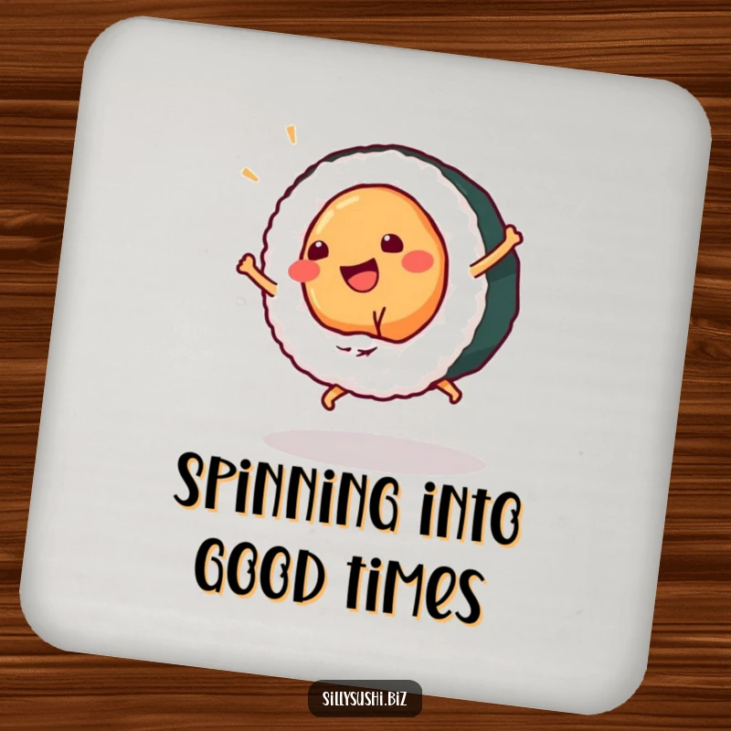 Funny sushi piece performing a cartwheel on drink coasters, adding humor and protection to tabletops. Ideal funny gift.