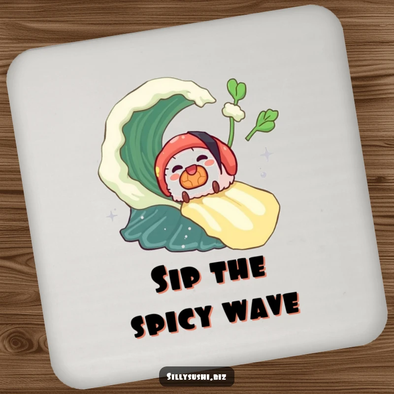 Funny sushi piece surfing a wasabi wave on drink coasters, adding spicy fun and protection. Ideal funny gift.