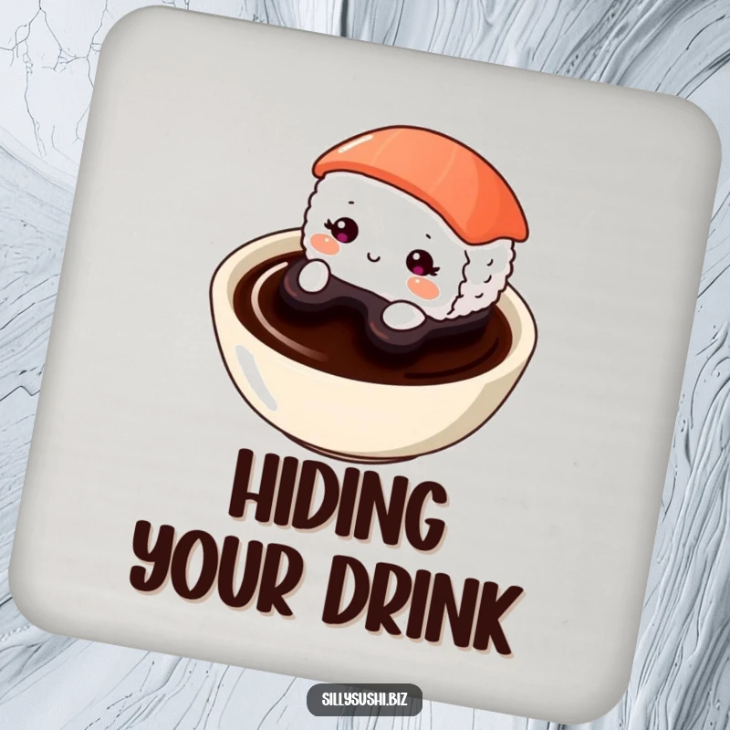 Funny Shy Sushi Coaster Set featuring shy sushi characters peeking from soy sauce dishes. Adorable and functional decor.