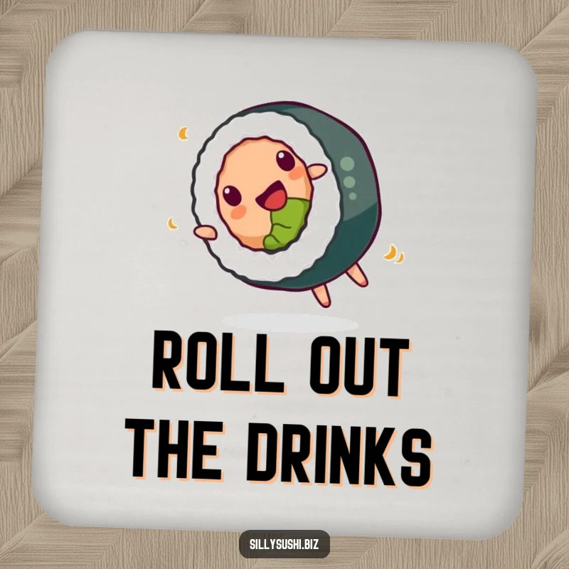Funny Coaster showcasing a happy sushi roll doing a playful somersault, adding flavor and protection to surfaces.