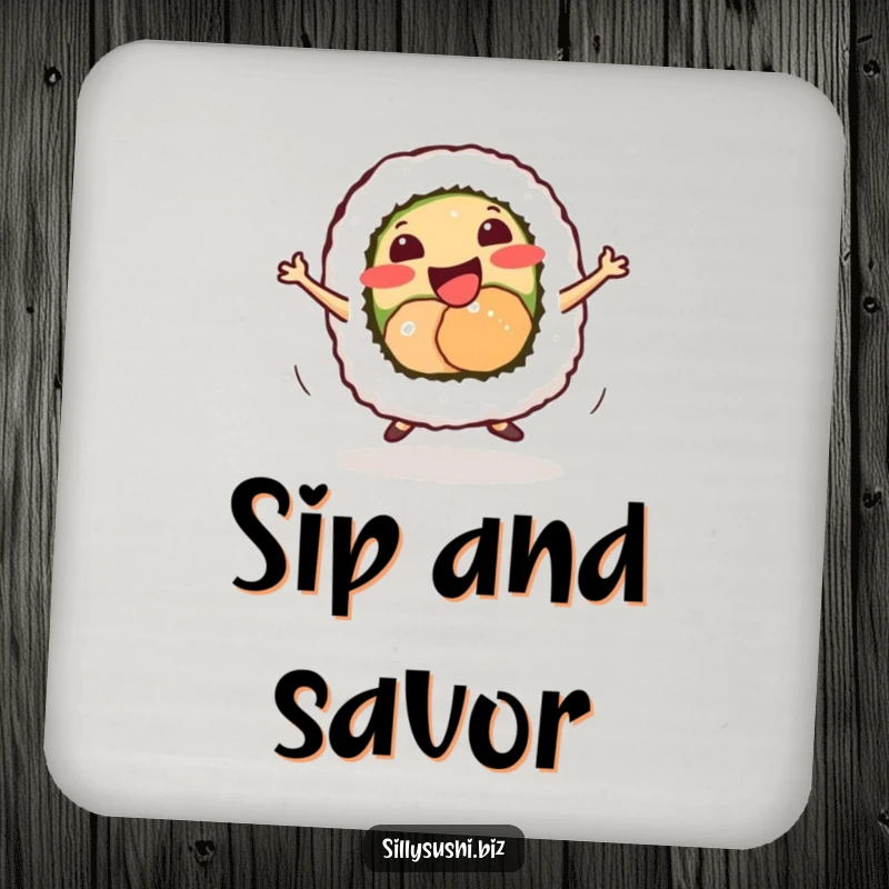 Funny smiling sushi roll character doing a tiny energetic dance, on a protective drink coaster.