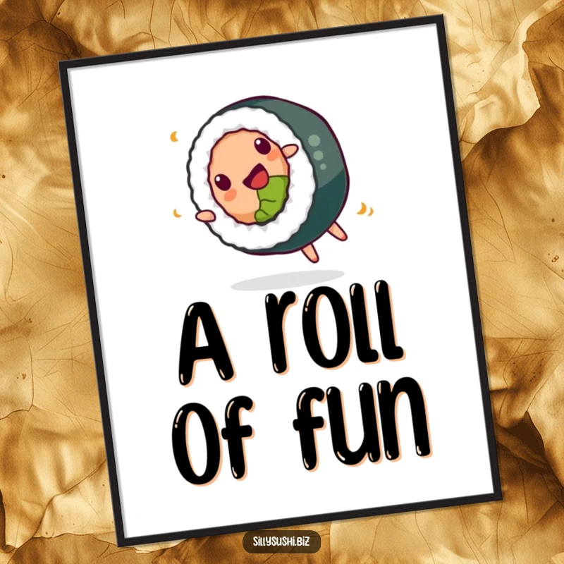 Funny Poster of a happy sushi roll performing a playful somersault, bringing delicious and humorous energy to your walls.