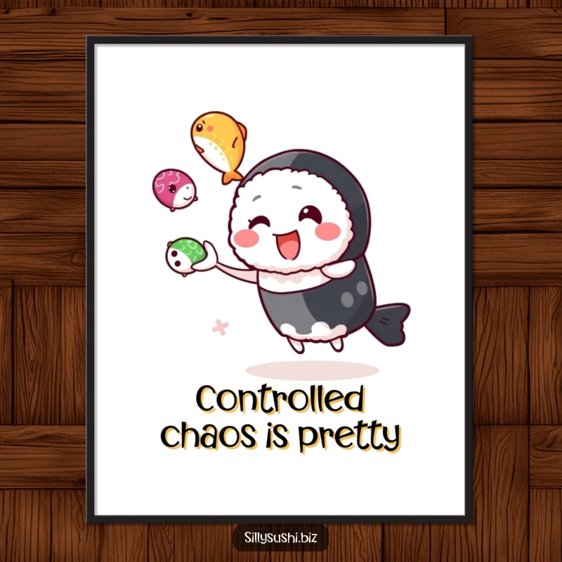 Funny sushi character juggling three shiny roe balls on a poster, bringing dynamic energy and foodie humor. Great decor.