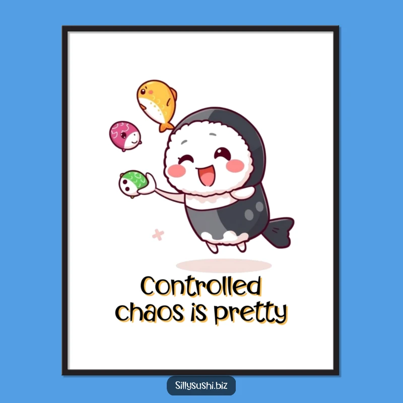 Funny Juggling Sushi Poster, Vibrant Roe Character Art, Delightful Hilarious Gift Decor