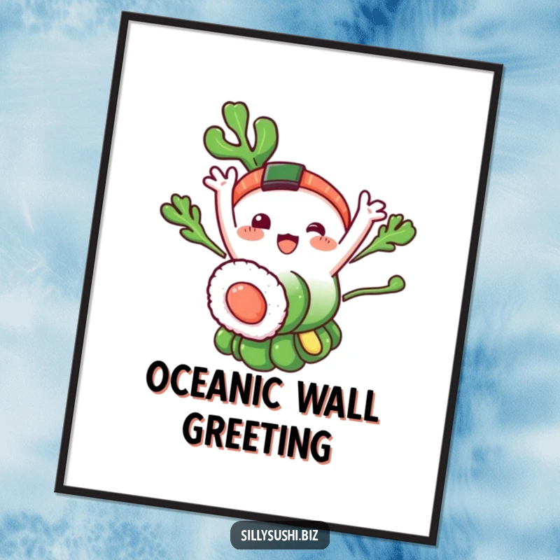 Funny Seaweed Sushi Poster: A fun art print of a happy seaweed sushi character waving. Perfect for humorous wall decor and gifts.