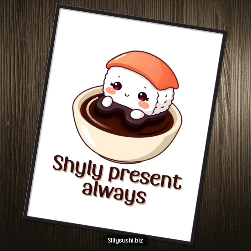 Funny Shy Sushi Poster showing a small sushi character shyly peeking over the edge of a soy sauce dish. Adorable decor.