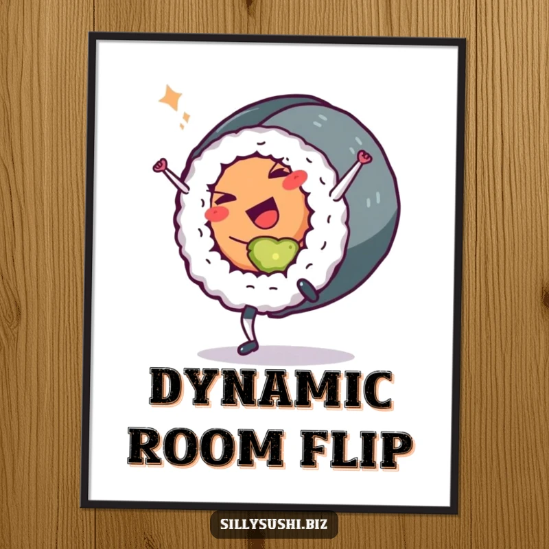 Funny Sushi Roll Poster: Art of a sushi roll character doing a cartwheel and winking. Adds humor and flair. A funny gift.