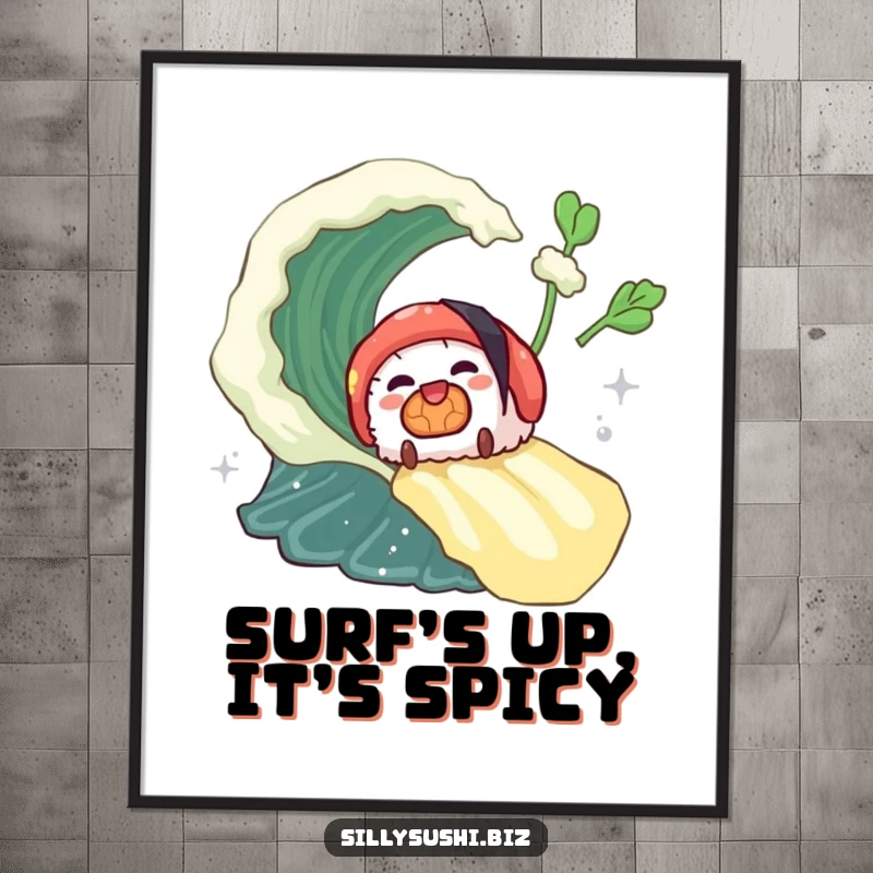 Funny sushi piece surfing a spicy wasabi wave on a poster, bringing dynamic action and foodie fun. Great decor.