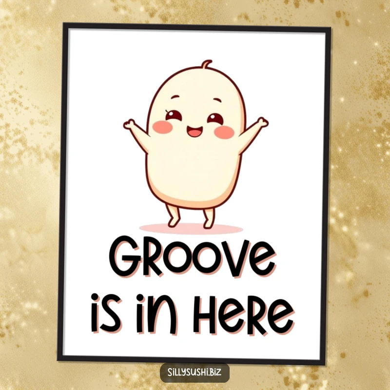 Funny Nigiri Dance Poster featuring a jubilant sushi character in a whimsical, silly dance pose. Eye-catching and humorous wall art.