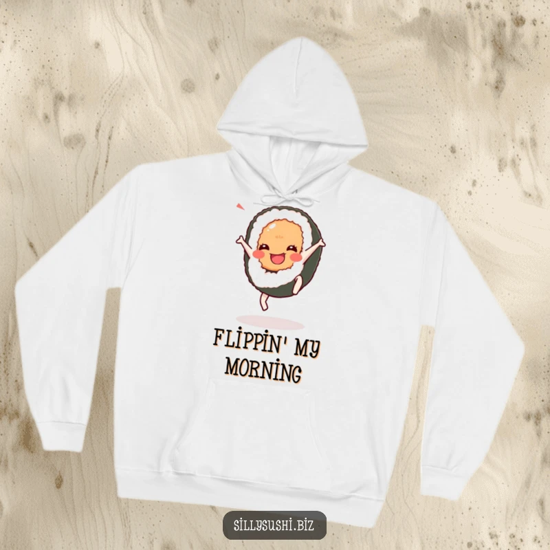 Funny Cartwheel Sushi Hoodie featuring a sushi character mid-cartwheel, offering warmth and dynamic humor. Comfortable and fun.