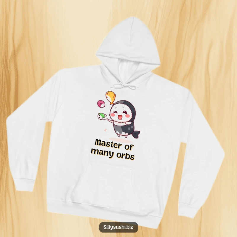 Funny sushi character juggling vibrant roe on a cozy hoodie, offering warmth and playful charm. Ideal funny gift.