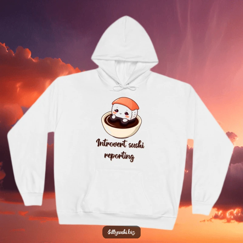 Funny Shy Sushi Hoodie featuring a bashful sushi character cautiously emerging from a soy sauce dish. Comfortable and cute apparel.
