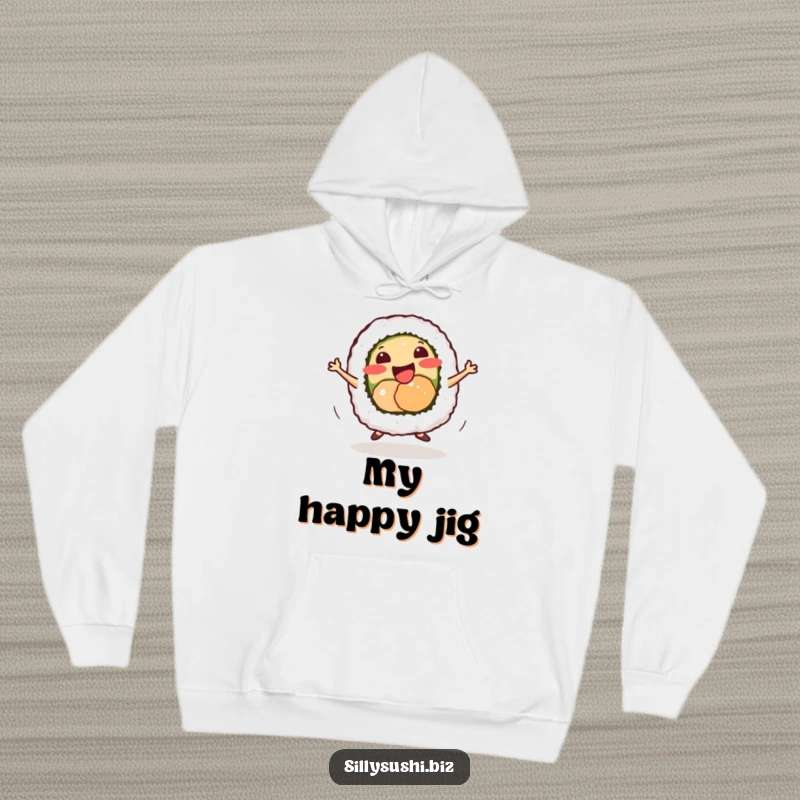 Funny smiling sushi roll doing a tiny energetic dance, on a warm and cozy hoodie.