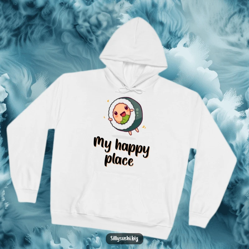Funny Hoodie featuring a happy sushi roll performing a somersault, perfect for cozy moments and a dose of delicious fun.