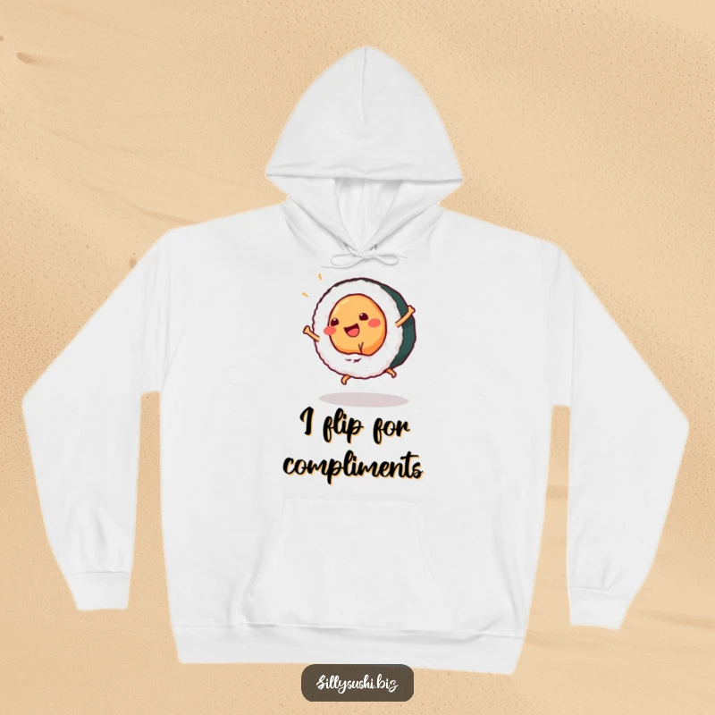 Funny sushi piece doing a cartwheel on a hoodie, offering cozy comfort and hilarious foodie vibes. Ideal funny gift.