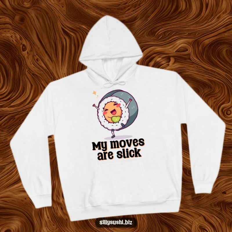 Funny Sushi Roll Hoodie: A warm hoodie featuring a sushi roll character doing a cartwheel and winking. A fun and cozy funny gift.