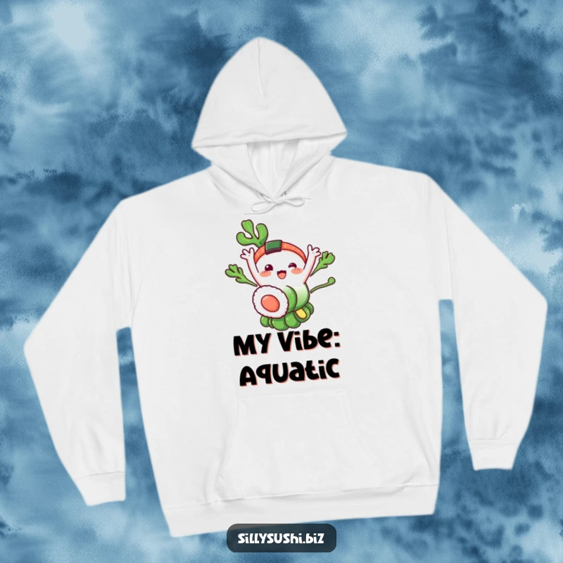 Funny Seaweed Sushi Hoodie: A warm, comfortable hoodie with a happy seaweed sushi character waving. An ideal funny gift.