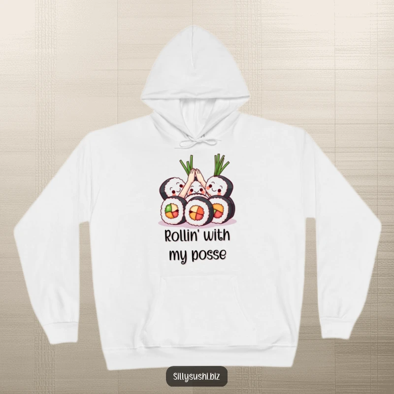 Funny Sushi High Five Hoodie featuring sushi rolls celebrating with a high five and seaweed. Warm, comfortable, and humorous.