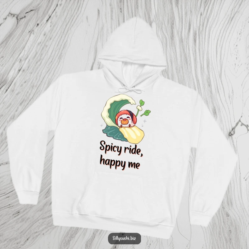 Funny sushi piece sliding down a wasabi wave on a cozy hoodie, offering warmth and spicy fun. Ideal funny gift.